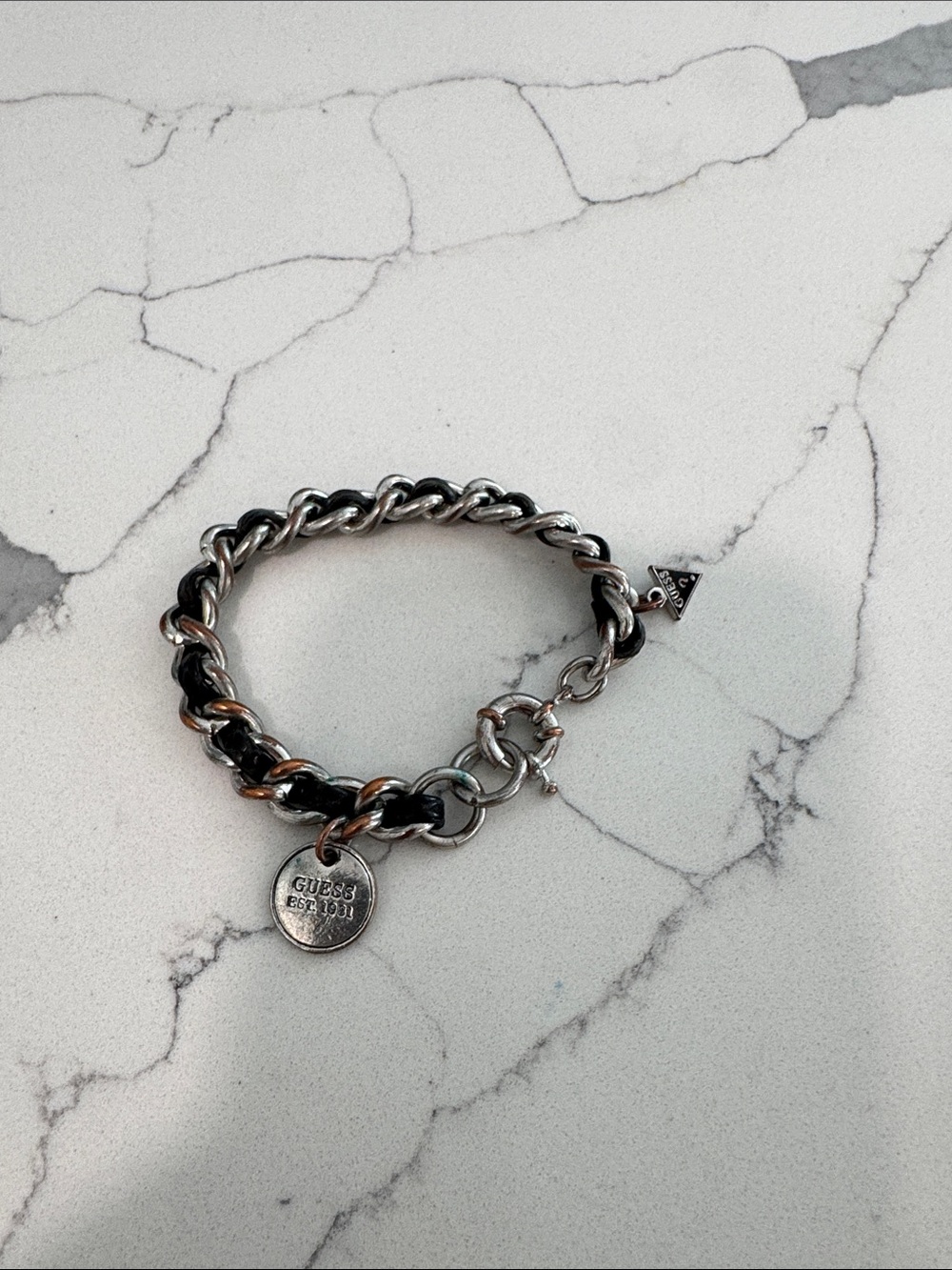GUESS Silver Tone Chain Bracelet with Black Leather Weave